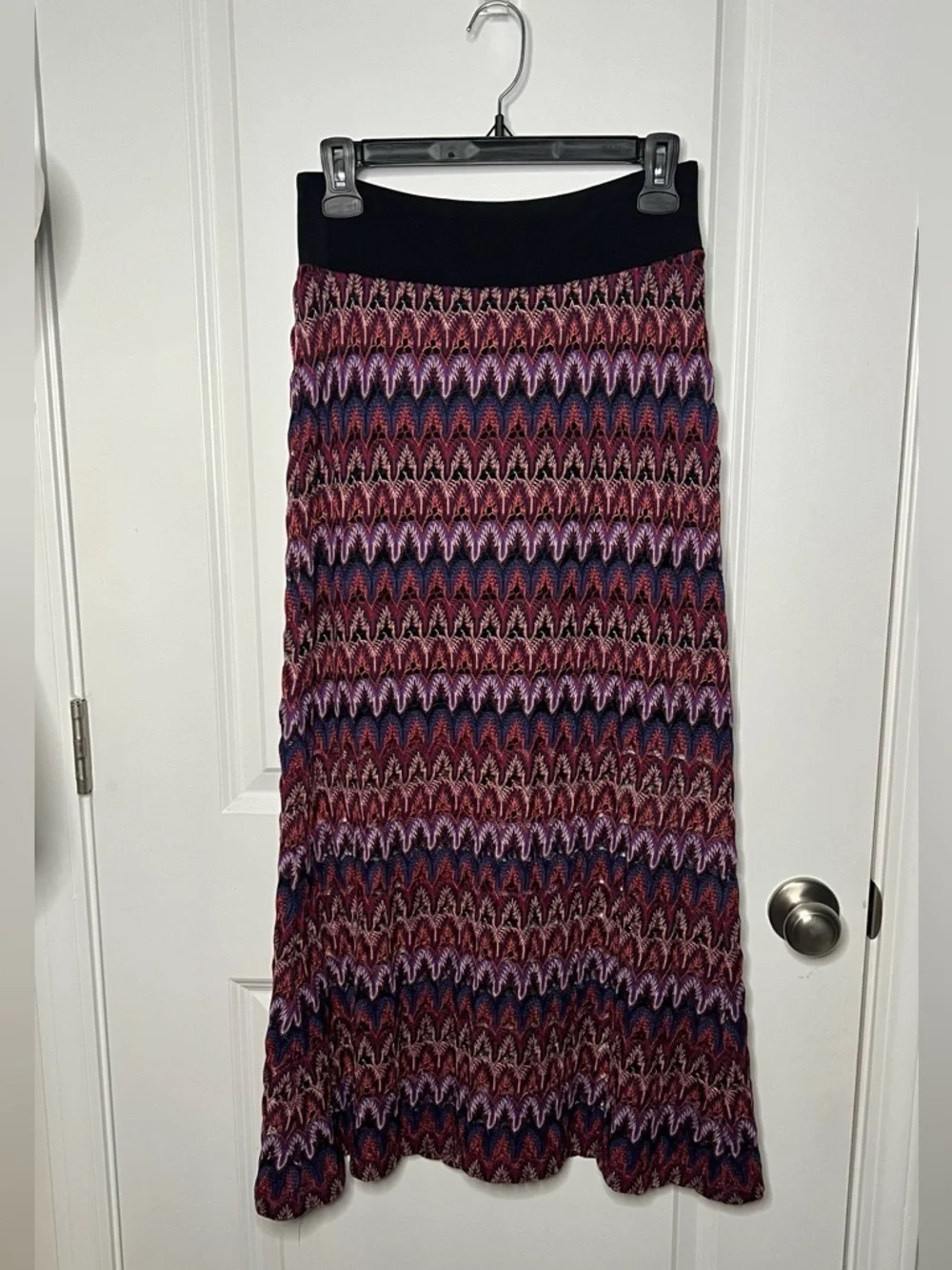 Karen Kane Burgundy-Multi Stretch Crochet Knit Maxi Skirt Sz XS Career Casual